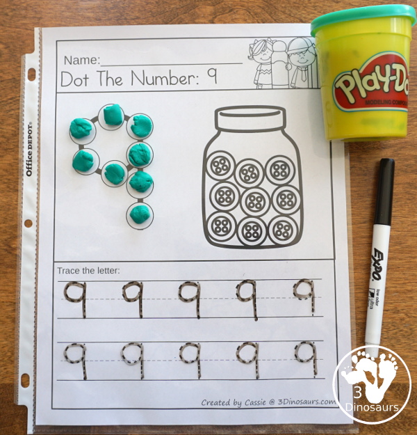 Free Number Dot the Number & Trace the Number - dot marker number with tracing the number and a fun button theme - 3Dinosaurs.com  #3dinosaurs kindergarten #prek #numbers #dotmarker #freeprintable