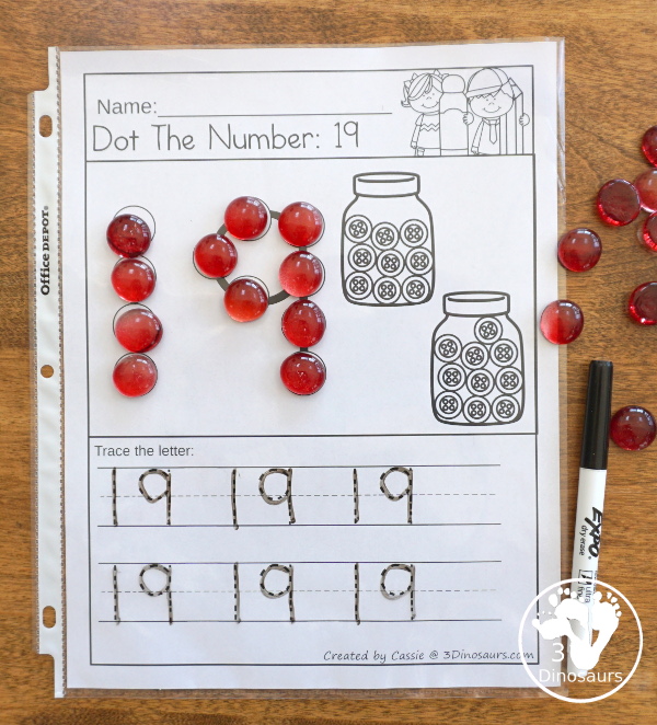 Free Number Dot the Number & Trace the Number - dot marker number with tracing the number and a fun button theme - 3Dinosaurs.com  #3dinosaurs kindergarten #prek #numbers #dotmarker #freeprintable