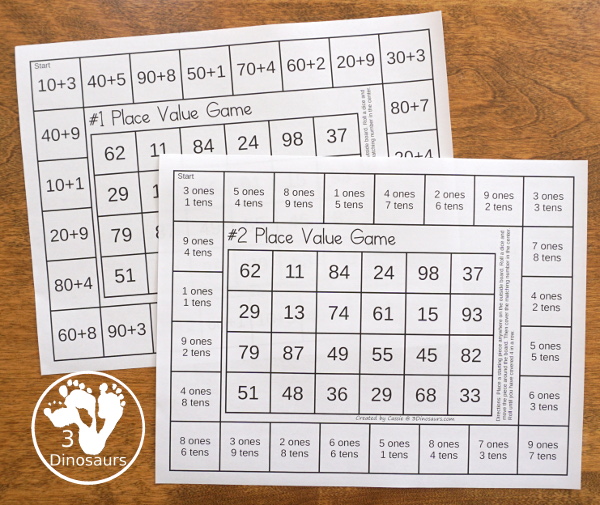 Free Place Value Games - a fun game style to work on place value for tens and ones or hundreds, tens, and ones  with two board options and recording sheets - 3Dinosaurs.com  #3dinosaurs #secondgrade #firstgrade #placevalue #handsonmath #freeprintable