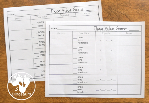 Free Place Value Games - a fun game style to work on place value for tens and ones or hundreds, tens, and ones  with two board options and recording sheets - 3Dinosaurs.com  #3dinosaurs #secondgrade #firstgrade #placevalue #handsonmath #freeprintable