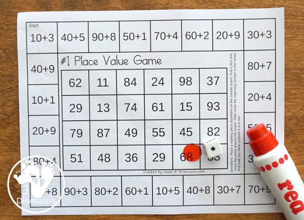 Free Place Value Games - a fun game style to work on place value for tens and ones or hundreds, tens, and ones  with two board options and recording sheets - 3Dinosaurs.com  #3dinosaurs #secondgrade #firstgrade #placevalue #handsonmath #freeprintable