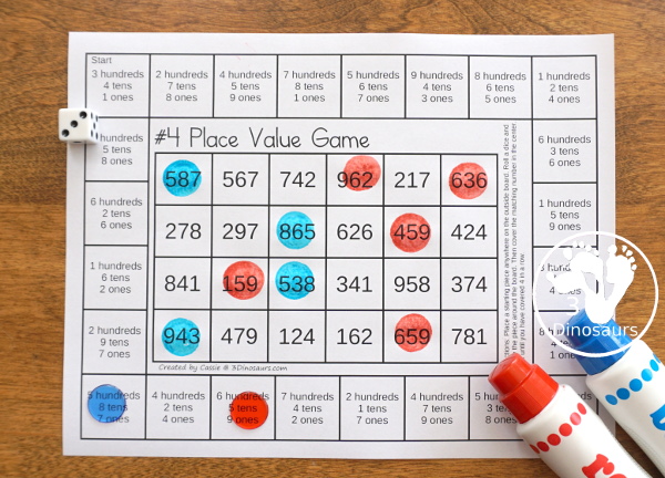 Free Place Value Games - a fun game style to work on place value for tens and ones or hundreds, tens, and ones  with two board options and recording sheets - 3Dinosaurs.com  #3dinosaurs #secondgrade #firstgrade #placevalue #handsonmath #freeprintable