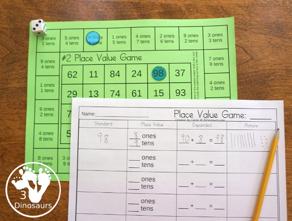 Free Place Value Games - a fun game style to work on place value for tens and ones or hundreds, tens, and ones  with two board options and recording sheets - 3Dinosaurs.com  #3dinosaurs #secondgrade #firstgrade #placevalue #handsonmath #freeprintable