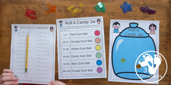 Free Roll a Candy Jar Math - Counting, Addition & Multiplication - There are great for kindergarten, prek, first grade, second grade, and third grade with a great way to reuse math practice  - 3Dinosaurs.com
