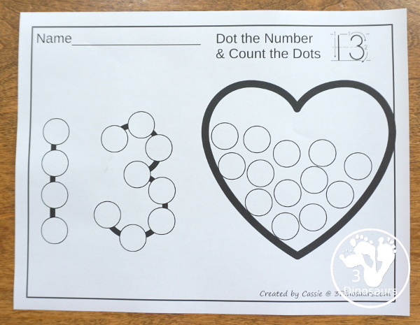 Valentines Dot the Number Count the Number - this is a fun counting activity with dot markers that works on numbers 0 to 20 with color or black and white options - 3Dinosaurs.com #valentiens #dotmaker #doadot #numbers #counting  #kindergarten #prek