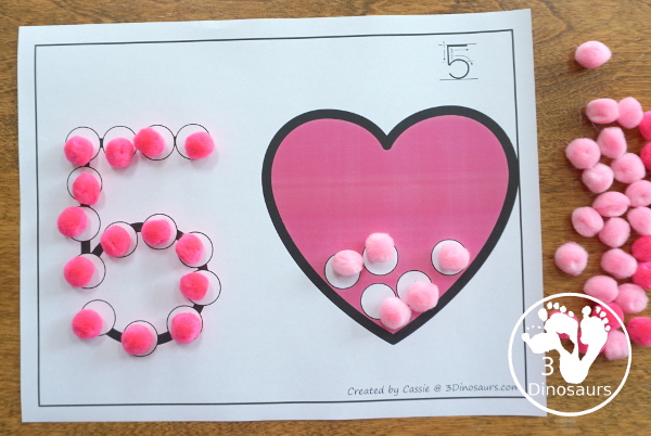 Valentines Dot the Number Count the Number - this is a fun counting activity with dot markers that works on numbers 0 to 20 with color or black and white options - 3Dinosaurs.com #valentiens #dotmaker #doadot #numbers #counting  #kindergarten #prek