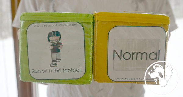 Free Football Theme Gross Motor Dice - 6 fun movements cards to use in a dice or a folding dice for the set with speed dice included - 3Dinosaurs.com