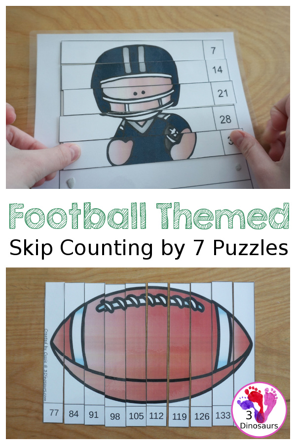 Free Football Skip Counting by 7 Puzzles - with 4 puzzles working on skip counting from 7 to 70 and 77 to 140  - 3Dinosaurs.com