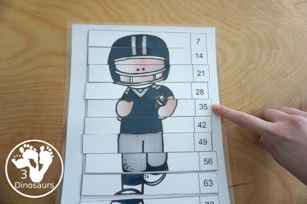 Free Football Skip Counting by 7 Puzzles - with 4 puzzles working on skip counting from 7 to 70 and 77 to 140  - 3Dinosaurs.com