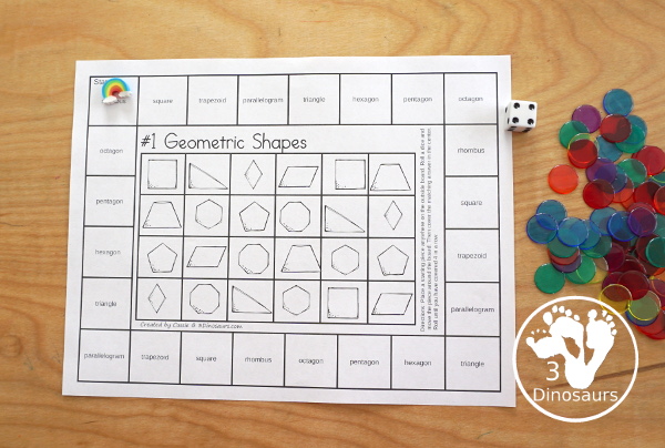 Free Geometric Shapes Board Games to work on 8 shapes: rhombus, square, trapezoid, triangle, hexagon, pentagon, and octagon with two boards for kids to use - 3Dinosaurs.com