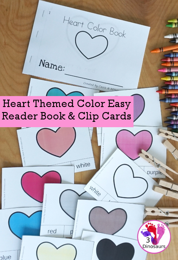 Free Heart Color Easy Reader Book & Clip Cards - 12 pages book with 11 colors and matching clip cards to work on color words  - 3Dinosaurs.com