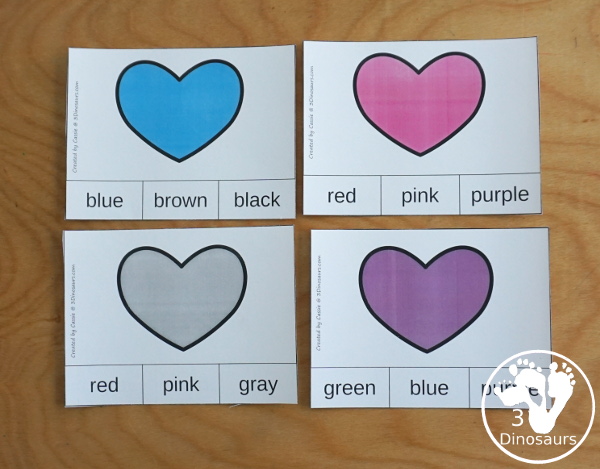 Free Heart Color Easy Reader Book & Clip Cards - 12 pages book with 11 colors and matching clip cards to work on color words  - 3Dinosaurs.com