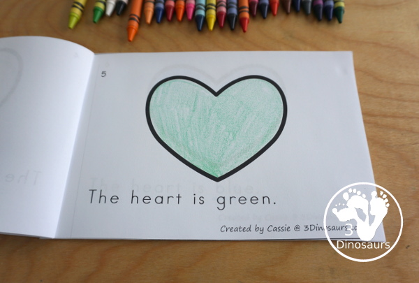 Free Heart Color Easy Reader Book & Clip Cards - 12 pages book with 11 colors and matching clip cards to work on color words  - 3Dinosaurs.com