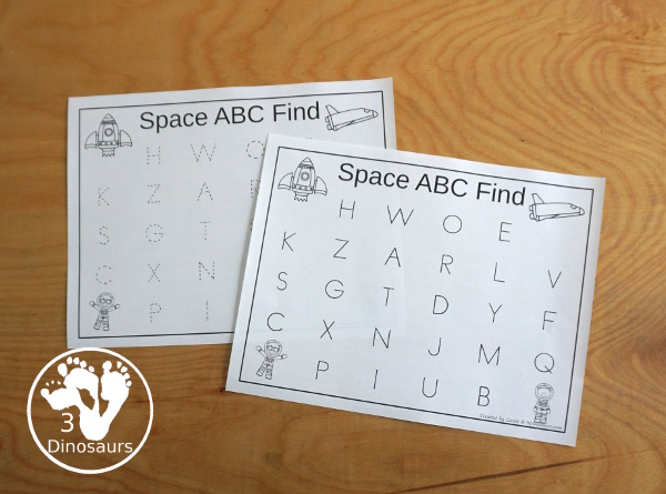 Free Space ABC Find And Tracing Printables - a fun set of alphabet cards with matching sheets for find or tracing the letters with uppercase and lowercase options - 3Dinosaurs.com