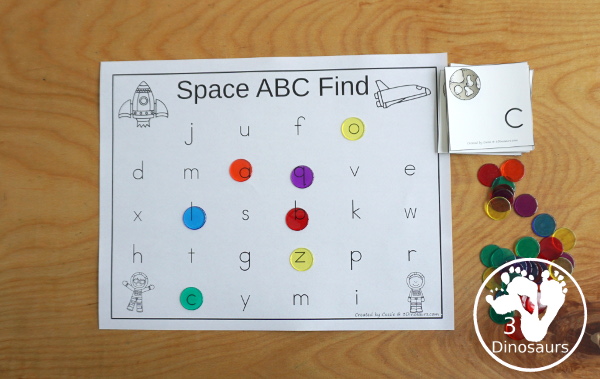 Free Space ABC Find And Tracing Printables - a fun set of alphabet cards with matching sheets for find or tracing the letters with uppercase and lowercase options - 3Dinosaurs.com