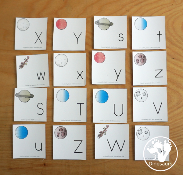 Free Space ABC Find And Tracing Printables - a fun set of alphabet cards with matching sheets for find or tracing the letters with uppercase and lowercase options - 3Dinosaurs.com