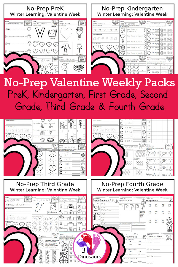 No-Prep Valentine Themed Weekly Packs for PreK, Kindergarten, First Grade, Second Grade, Third Grade & Fourth Grade with 5 days of activities to do for each grade level - You will find math, language, and more- These are great Valentine's Day Themed printables with loads of fun with for kids. - 3Dinosaurs.com