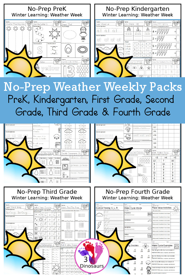 Weather No-Prep Weekly Packs PreK, Kindergarten, First Grade, Second Grade, Third Grade & Fourth Grade with 5 days of activities to do for each grade level - You will find math, language, and more - These are easy to use packs for homework, distance learning, and morning work - 3Dinosaurs.com