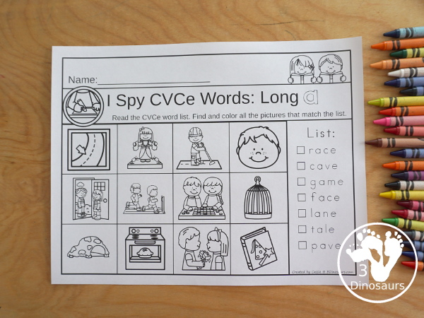 CVCe I Spy  Selling Set - fun I spy worksheets with word list and finding the matching picture. You have 6 ot 7 pictures to find on each CVCe find worksheet with a mix of CVCe endings, CVCe by long vowel and CVCe mixed long vowel - 3Dinosaurs.com