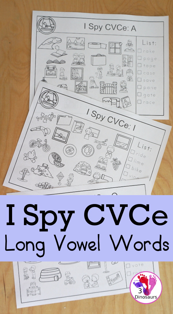 CVCe I Spy Printable for Long A, Long I, & Long O with word lists and pictures to find with all matching the CVCe pattern - 3Dinosaurs.com