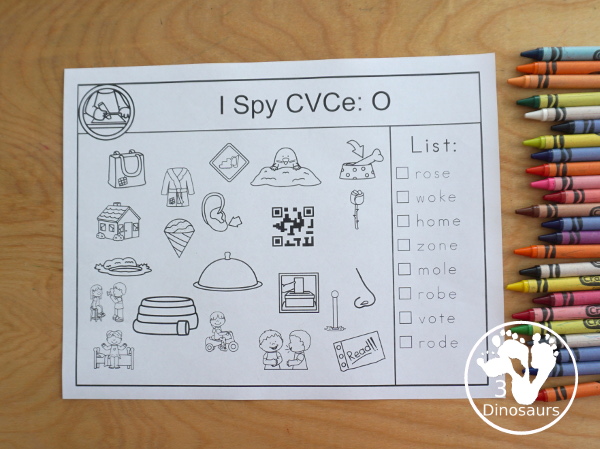 CVCe I Spy Printable for Long A, Long I, & Long O with word lists and pictures to find with all matching the CVCe pattern - 3Dinosaurs.com