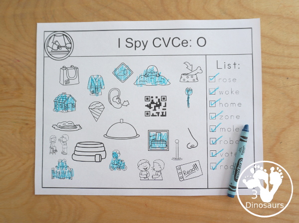 CVCe I Spy Printable for Long A, Long I, & Long O with word lists and pictures to find with all matching the CVCe pattern - 3Dinosaurs.com