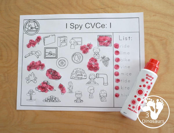 CVCe I Spy Printable for Long A, Long I, & Long O with word lists and pictures to find with all matching the CVCe pattern - 3Dinosaurs.com