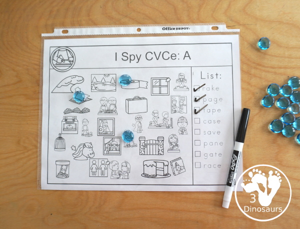 CVCe I Spy Printable for Long A, Long I, & Long O with word lists and pictures to find with all matching the CVCe pattern - 3Dinosaurs.com