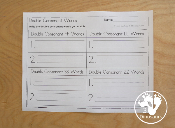 Free Double Consonant Puzzle Printable with double consonants ff, ll, ss, and zz with three piece puzzles for matching pictures and words for the double consonant letters in the middle of the puzzle - 3Dinosaurs.com