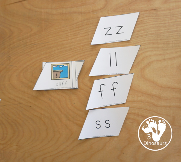 Free Double Consonant Puzzle Printable with double consonants ff, ll, ss, and zz with three piece puzzles for matching pictures and words for the double consonant letters in the middle of the puzzle - 3Dinosaurs.com