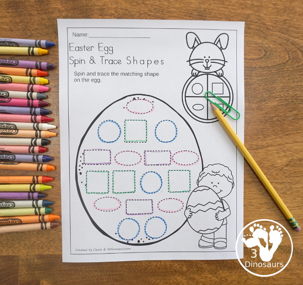 Free Easter Egg Spin and Trace Shapes - 2 pages of printables with 8 different shapes - 3Dinosaurs.com #noprep #easterprintablesforkids #printablesforkids