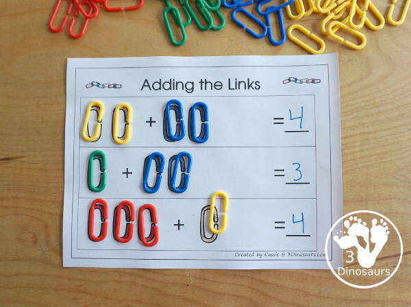 Free Link Theme Math Pack - with patterns, addition, graphing and more with a link theme for kindergarten and prek math centers - 3Dinosaurs.com