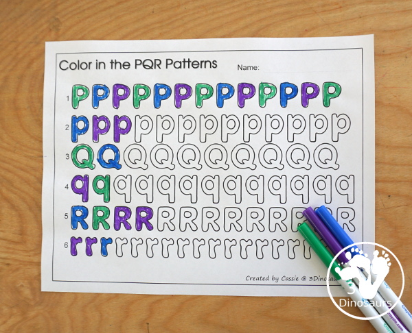 Free Romping & Roaring PQR Review Pack- with letter p, letter q, and letter r printables for reviewing the three letters with tracing, puzzles, coloring pages, finger puppets, game and more- 3Dinosaurs.com 