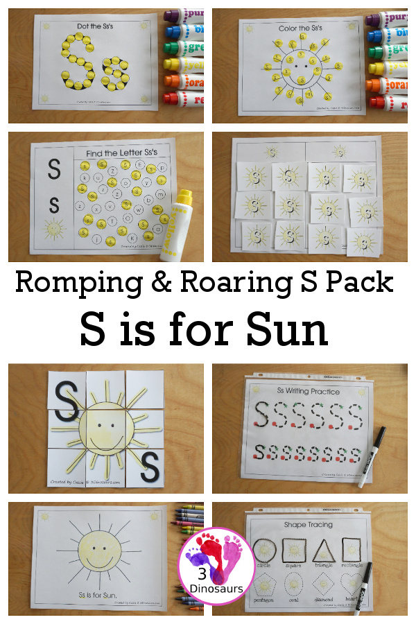 Free Romping & Roaring S Pack Letter Pack: S is for Sun - a letter S pack that has prewriting, finding letters, tracing letters, coloring pages, shapes, puzzles and more - 3Dinosaurs.com