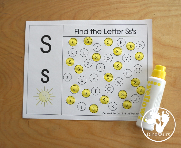 Free Romping & Roaring S Pack Letter Pack: S is for Sun - a letter S pack that has prewriting, finding letters, tracing letters, coloring pages, shapes, puzzles and more - 3Dinosaurs.com