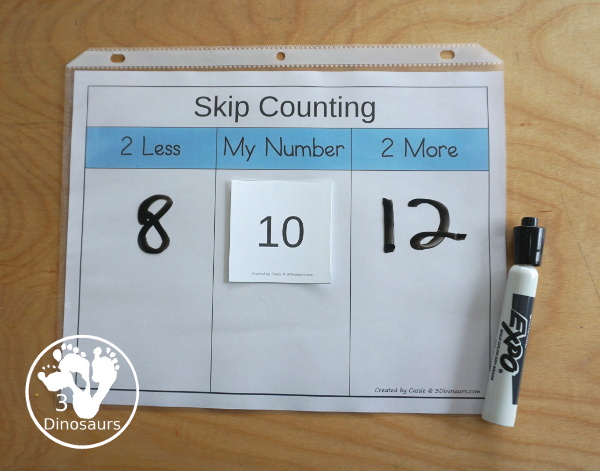 Free Skip Counting Less & More Printable - with adding and subtracting by skip counting numbers with skip counting from 2 to 12 with skip counting mats, skip counting cards and ship counting recording worksheet - 3Dinosaurs.com