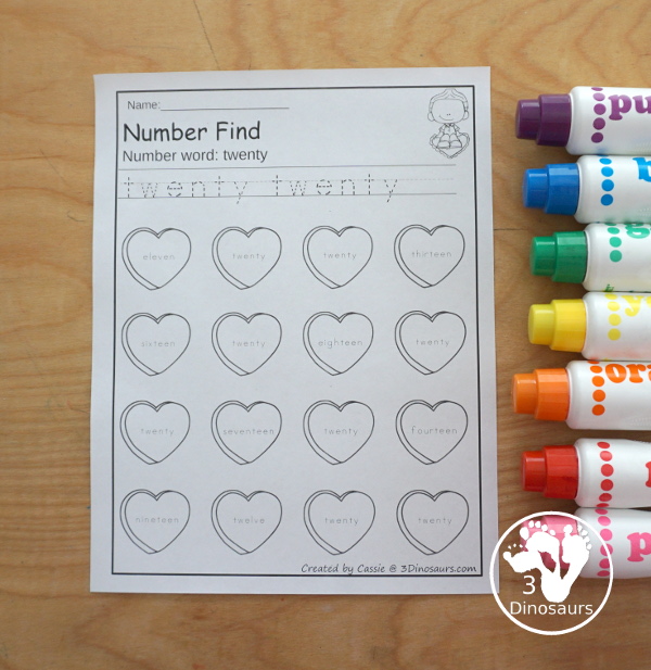 Valentine Number Find - with numbers from 0 to 20 with number words and number digit for kids to trace and then find on the hearts. - 3Dinosaurs.com