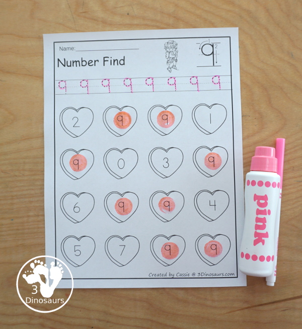 Valentine Number Find - with numbers from 0 to 20 with number words and number digit for kids to trace and then find on the hearts. - 3Dinosaurs.com