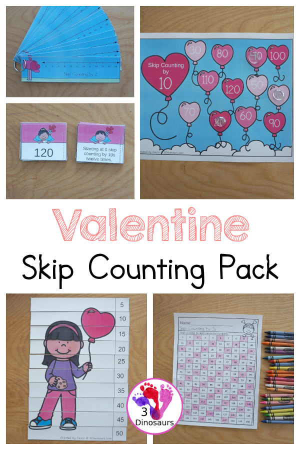 Valentine Skip Counting Set - with no-prep packs, skip counting mats, skip counting 10 piece puzzles, and task cards to work on skip counting from 2 to 12 - 3Dinosaurs.com