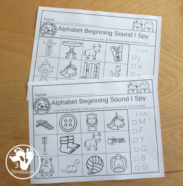 Alphabet Beginning Sound I Spy Printables Set with uppercase and lowercase options with looking at the letter and finding the beginning sound with a mix of letters on the page - 3Dinosaurs.com