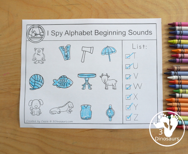 Free ABC Beginning Sounds I Spy Printable - with a list of letters on the side and a picture to find to match the letter. You have 6 or 7 letters on each page. - 3Dinosaurs.com