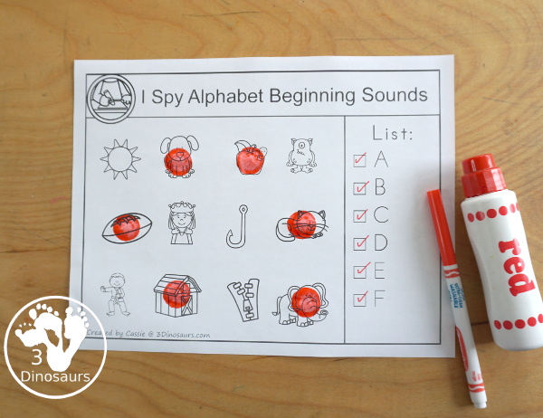 Free ABC Beginning Sounds I Spy Printable - with a list of letters on the side and a picture to find to match the letter. You have 6 or 7 letters on each page. - 3Dinosaurs.com