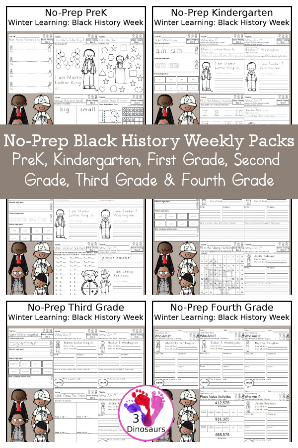 Black History No-Prep Weekly Packs PreK, Kindergarten, First Grade, Second Grade, Third Grade & Fourth Grade with 5 days of activities to do for each grade level With loads of people from Black History for winter - You will find a mix of math, Information on Black History People, and more - These are easy to use packs for winter learning, homework, early finisher, and morning work. Easy no-prep printables for kids with four pages for each day - 3Dinosaurs.com