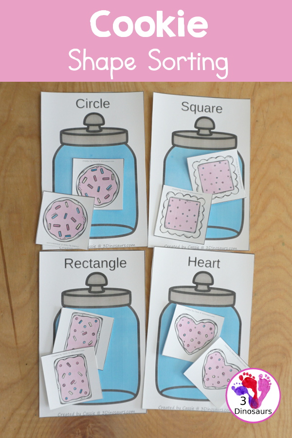 Free Cookie Shape Sorting - sorting circle, square, heart and rectangle shapes with kids with 6 shape cookies to sort for each shape - 3Dinosaurs.com