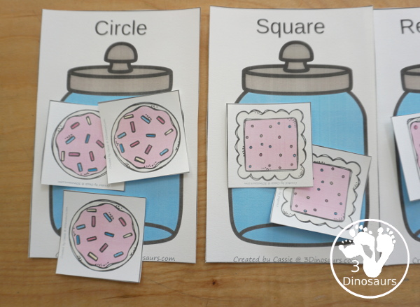 Free Cookie Shape Sorting - sorting circle, square, heart and rectangle shapes with kids with 6 shape cookies to sort for each shape - 3Dinosaurs.com