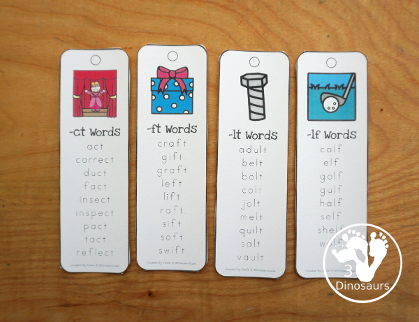 Ending Blends Bookmarks with 16 bookmarks to use with kids. A picture of one ending blend, end blend on the bookmark and a list of words that end with that blend - 3Dinosaurs.com