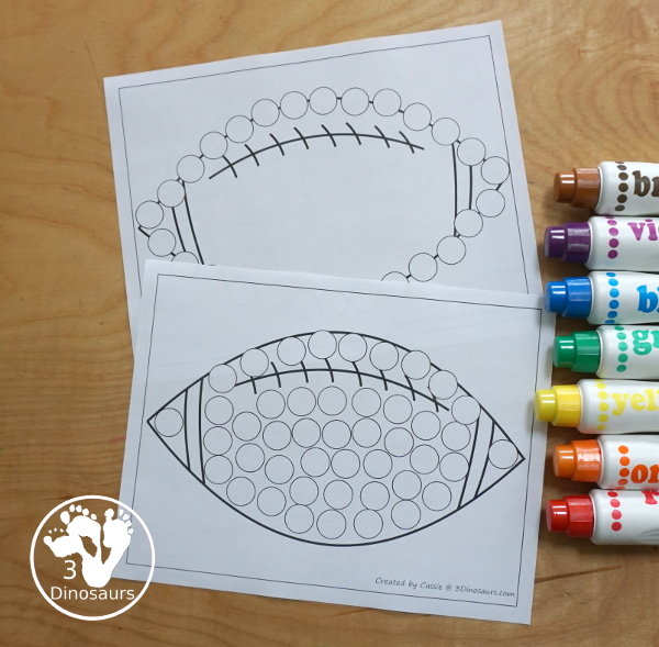 Free Football Fine Motor Dot Marker Printables -  with four pages of printables with a football template to color, a football to trace and a dot marker football, all great for football fine motor centers. -3Dinosaurs.com