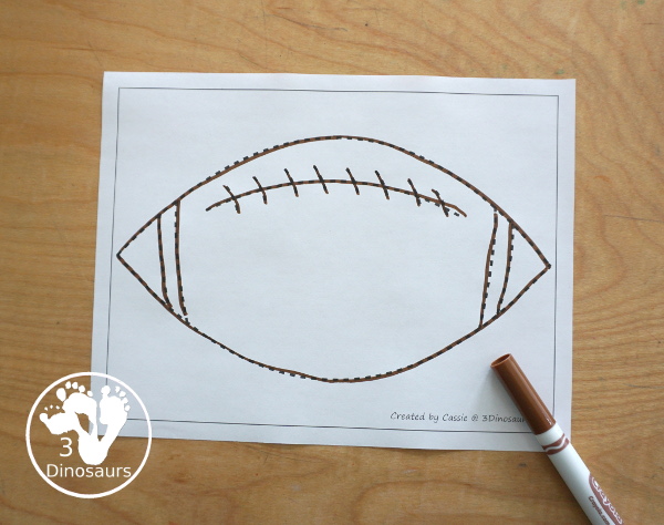 Free Football Fine Motor Dot Marker Printables -  with four pages of printables with a football template to color, a football to trace and a dot marker football, all great for football fine motor centers. -3Dinosaurs.com