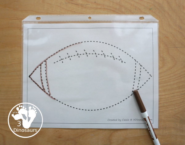 Free Football Fine Motor Dot Marker Printables -  with four pages of printables with a football template to color, a football to trace and a dot marker football, all great for football fine motor centers. -3Dinosaurs.com