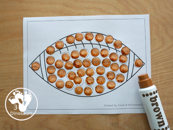 Free Football Fine Motor Dot Marker Printables -  with four pages of printables with a football template to color, a football to trace and a dot marker football, all great for football fine motor centers. -3Dinosaurs.com